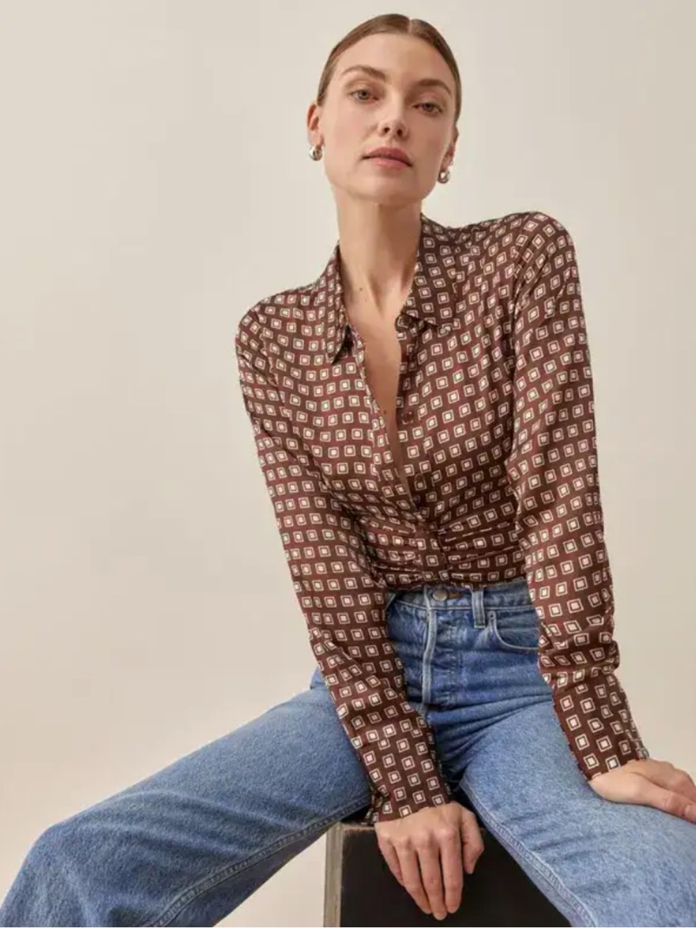 Reformation Kendall Silk Top Long Sleeve Button Down Collar Versatile Brown S